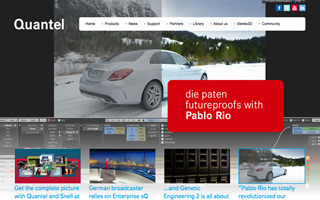 Quantel website showing a white car in a snowy landscape and a red text box with white lettering.