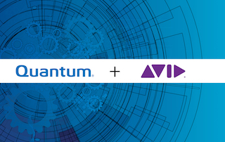 Quantum and Avid logos separated by a plus sign over a blue circular technical pattern.