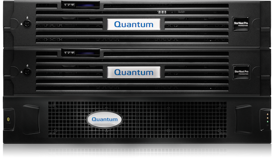 Three black Quantum server rack units stacked on top of each other.