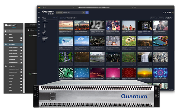 A computer screen displaying a media management software interface next to a Quantum server rack unit.