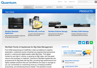 Quantum website displaying StorNext product categories including Metadata Appliances, AEL Archives, and Q-Series Storage.