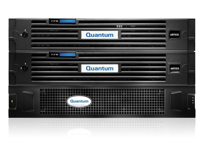 Three black Quantum brand server rack units stacked on top of each other against a white background.