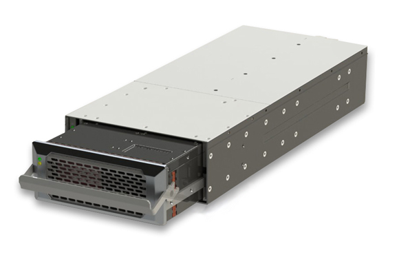 A long, rectangular grey server component with a front-facing ventilation grille and handle.
