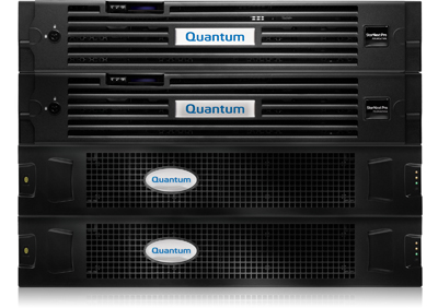 Four black Quantum server units stacked vertically in a rack.