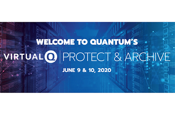 Blue banner for Quantum's Virtual Protect & Archive event on June 9 & 10, 2020, over a server room background.