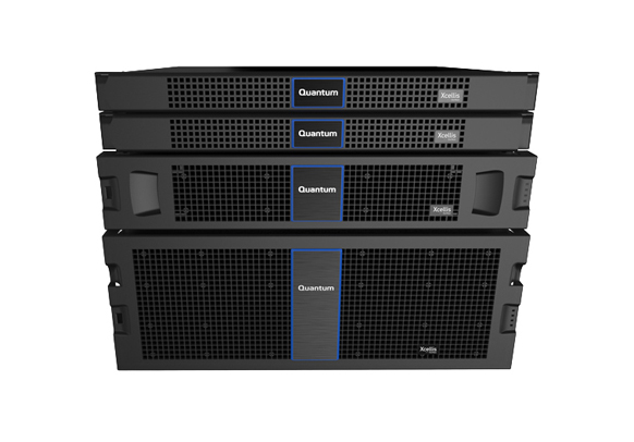 Four black Quantum Xcellis server units stacked vertically on a white background.