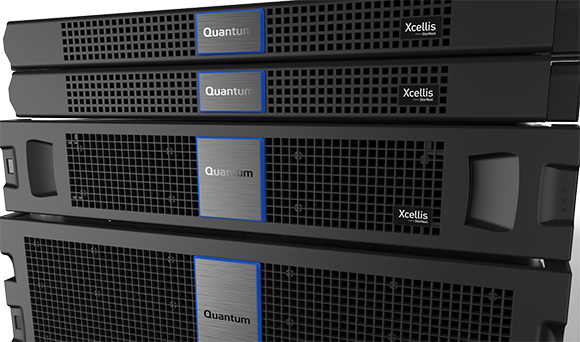 Four black Quantum Xcellis storage servers stacked vertically in a rack.