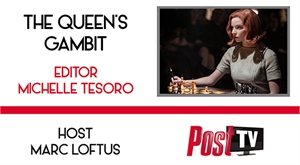 Graphic for The Queen's Gambit with a woman playing chess, editor Michelle Tesoro, and host Marc Loftus.