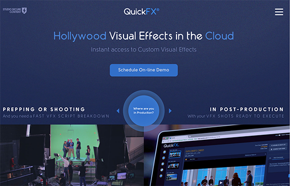 QuickFX website homepage featuring text about cloud visual effects and a button to schedule a demo.