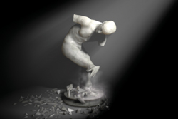 A white, smooth sculpture of a human figure bending forward over a small pedestal amidst debris.