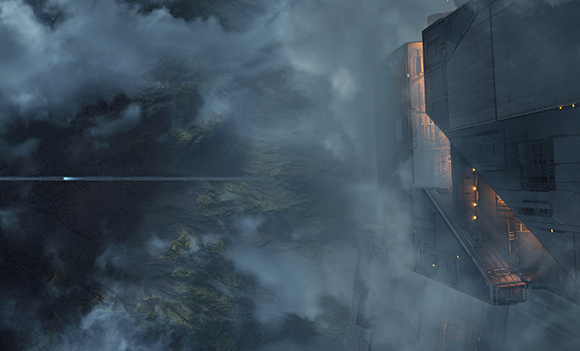 A large, dark industrial structure with glowing lights partially obscured by thick fog and clouds.