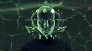 A translucent human head with multiple facial profiles and glowing green geometric shapes on a dark background.