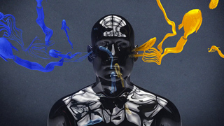 A glossy black mannequin head with blue and yellow abstract fluid shapes flowing from its sides.