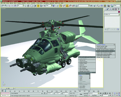 A green 3D computer model of a military helicopter displayed within a digital modeling software interface.