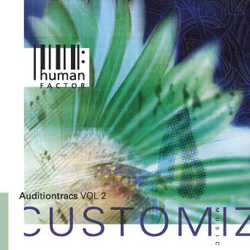 Close-up of a green flower with text overlays reading 'human factor' and 'CUSTOMIZE'.