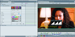 Split screen showing a video editing interface with a color filter menu on the left and a woman's portrait on the right.