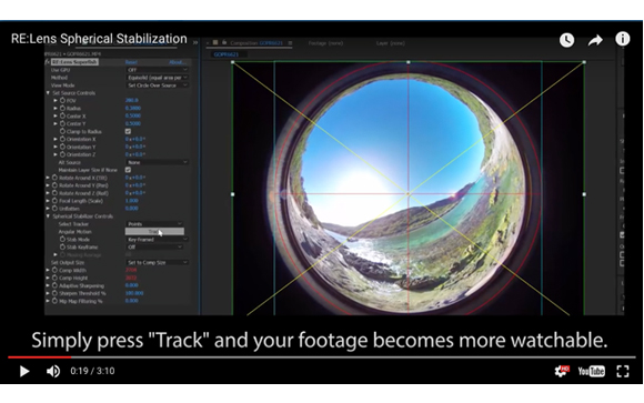 Video editing software interface displaying a stabilized spherical fisheye view of a landscape.