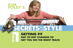 A woman smiles behind a clothing rack with high heels hanging on the left, above text for Secrets of Style.