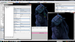 A computer screen showing a 3D modeling program with a blue creature character and various parameter windows.