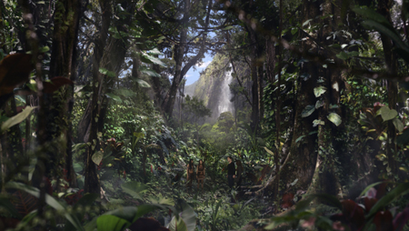 A lush, green tropical jungle with thick foliage and a distant waterfall under a bright sky.
