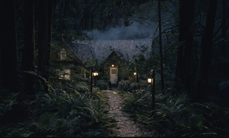 A small cottage with a lit doorway and path, surrounded by dark trees and ferns at night.