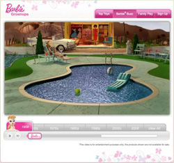 Vintage Barbie playset featuring a swimming pool, lounge chairs, and a mid-century modern house.