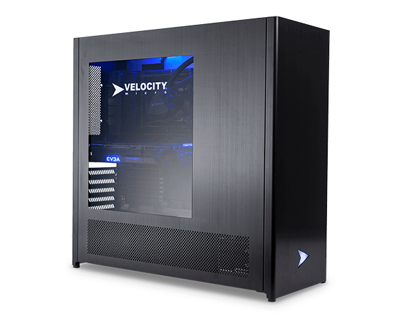 A black mid-tower computer case with a tempered glass side panel showing blue internal lighting.