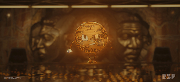 A glowing, circular cartoon character with arms and legs floating before large, carved stone faces.