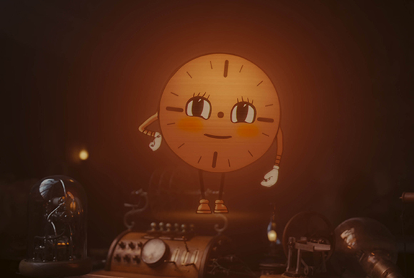 A round, smiling cartoon clock character with arms and legs standing atop a dark, mechanical device.