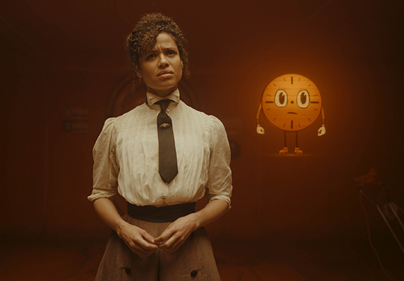 A woman in a white blouse and tie looks concerned, with a large cartoonish clock character behind her.