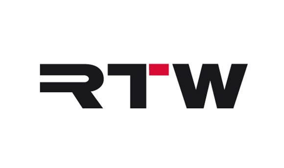 Black RTW text with a small red square above the T on a white background.