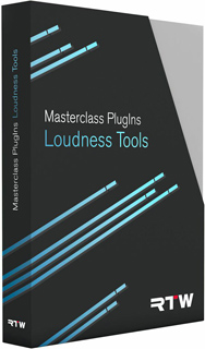 Black software box with blue diagonal lines and text reading Masterclass Plugins Loudness Tools by RTW.