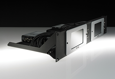 Black rack-mounted electronic device featuring two rectangular screens and bundled black cables.