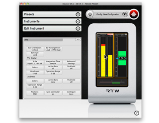 A software interface for audio metering featuring presets, instrument controls, and a visual loudness meter.