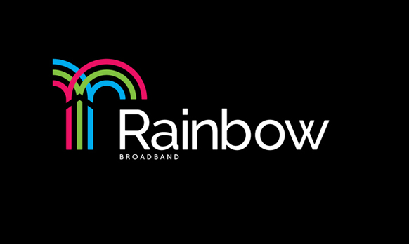 Rainbow Broadband logo featuring colorful arched lines and white text on a black background.
