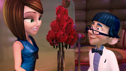A young man in glasses and a bowtie gives a bouquet of red roses to a young woman.