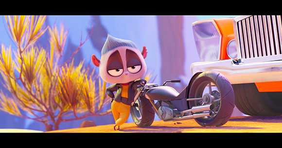 Animated character with grey hair and a black jacket leaning on a motorcycle next to an orange vehicle.