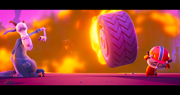 An animated tall character recoils while a small character crouches as a large tire rolls through fire.