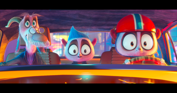An elderly goat with glasses, a small lemur, and a monkey in a red helmet sitting inside a vehicle.