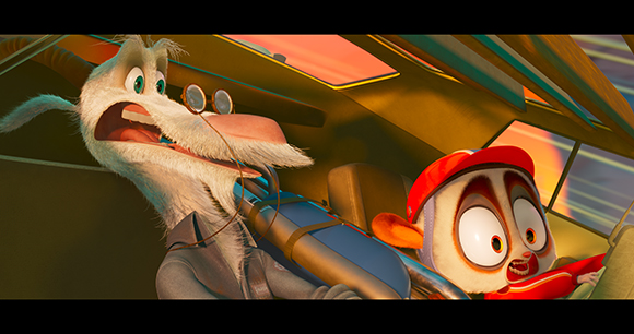 Anxious grey rabbit and small white lemur with wide eyes inside a flying aircraft cockpit.
