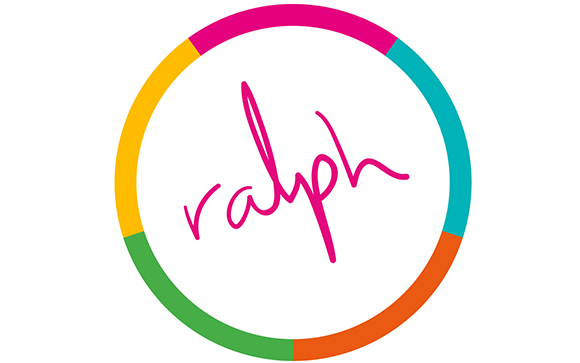 A colorful circular ring surrounding the word 'ralph' written in pink cursive script.