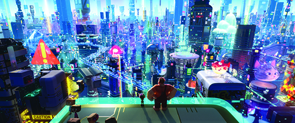 A sprawling, colorful digital cityscape with glowing skyscrapers, data streams, and floating structures.