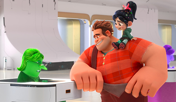A large man in a red plaid shirt carries a small girl with black hair on his shoulders in a bright, futuristic room.