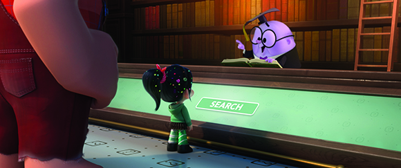 A small black-haired character stands before a glowing green search desk in a library with a purple librarian.