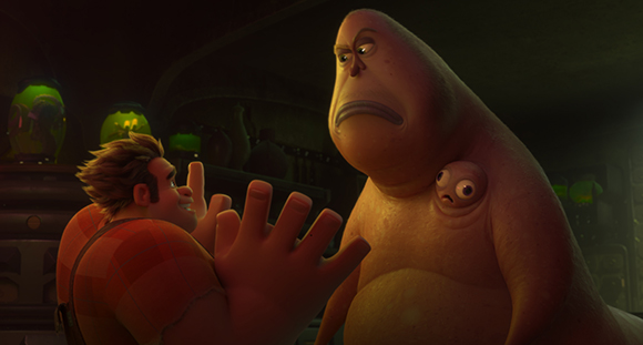 An animated man in a red plaid shirt gestures toward a large, pink, frowning creature in a dark setting.
