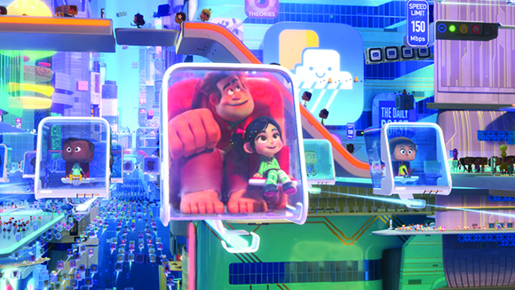 Animated characters Ralph and Vanellope inside a floating digital screen in a bright, futuristic city.