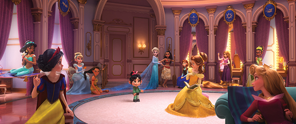 Animated Disney Princesses stand in a circle in a large, ornate pink and gold ballroom.