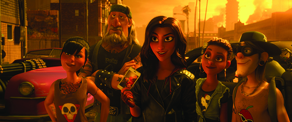Five diverse animated characters posing together in a city street at sunset.