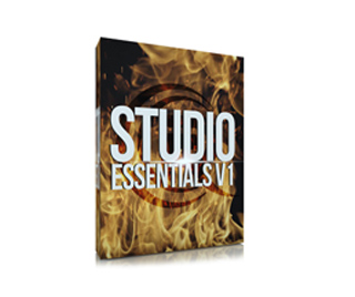 A software box with the text STUDIO ESSENTIALS V1 over a background of flames.