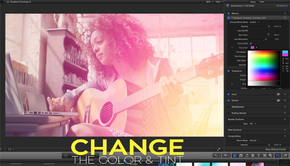 Video editing software interface showing a woman playing guitar with pink and yellow color overlays.